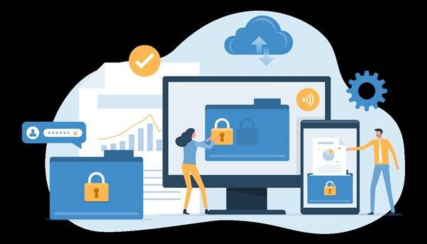 Ilustracija digitalne varnosti, ki prikazuje računalnik, tablico in mape z ikonami ključavnic ter uporabnike pri delu.