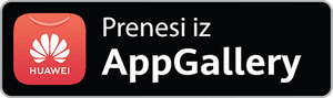 Gumb »Prenesi iz AppGallery« z rdečim logotipom Huawei na črnem ozadju.