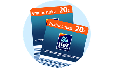  Dve HoT vrednostnici za 20 € z logotipom HoT Hofer Telekom na modri krožni podlagi.