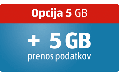 Rdeča 3D ikona križa z napisom "5 GB" za mobilni prenos podatkov.