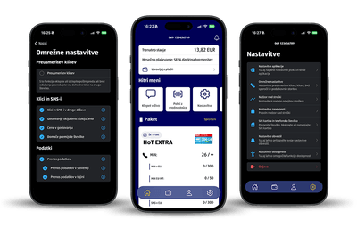 Trije zasloni aplikacije Moj HoT na pametnih telefonih, ki prikazujejo omrežne nastavitve, stanje na računu s paketom HoT EXTRA in splošne nastavitve.
