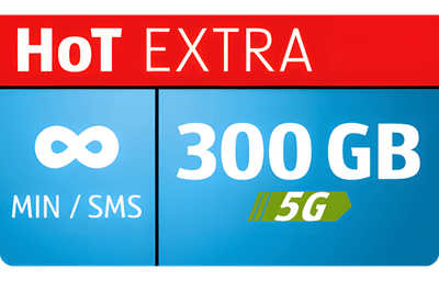 Rdeča oglasna pasica za paket HoT EXTRA z neomejenimi minutami/SMS-i in 300 GB prenosa podatkov v omrežju 5G.