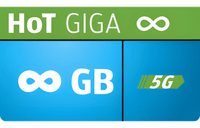Zeleno-modra oglasna pasica za paket HoT GIGA z neomejenim prenosom podatkov (simbol neskončnosti) v hitrem omrežju 5G.