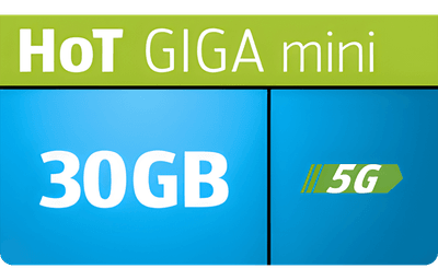 Svetlo zelena oglasna pasica za paket HoT GIGA mini, ki vključuje 30 GB prenosa podatkov v hitrem omrežju 5G.