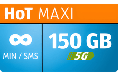 Oranžna oglasna pasica za paket HoT MAXI z neomejenimi minutami/SMS-i in 150 GB prenosa podatkov v omrežju 5G.