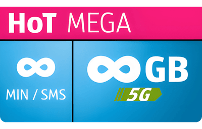 Rožnata oglasna pasica za paket HoT MEGA z neomejenimi minutami/SMS-i in neomejenim prenosom podatkov v omrežju 5G.