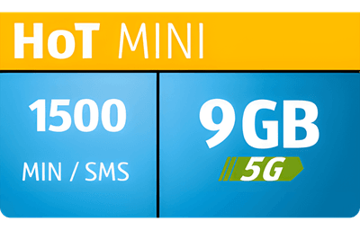 Rumena oglasna pasica za paket HoT MINI s 1500 minutami/SMS-i in 9 GB prenosa podatkov v omrežju 5G.