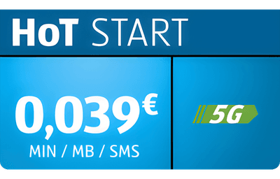 Temno modra oglasna pasica za tarifo HoT START, kjer se klici, SMS-i in prenos podatkov v omrežju 5G obračunajo po porabi: 0,039 € na enoto.