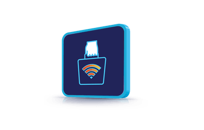 Modra 3D ikona na svetli podlagi prikazuje roko, ki vstavlja SIM kartico z WiFi simbolom v napravo, kar pomeni enostavno aktivacijo interneta.