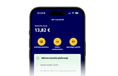 Zaslonski posnetek mobilne aplikacije HoT na pametnem telefonu, ki prikazuje trenutno stanje dobroimetja 13,82 €, možnosti polnjenja računa in potrdilo o aktivnem mesečnem plačevanju.
