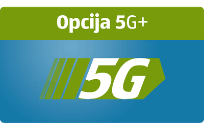 Zelena 3D puščica z napisom "5G+" in simbolom plus, ki označuje nadgradnjo omrežja in še hitrejši mobilni prenos podatkov.