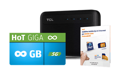 Črn brezžični usmerjevalnik s paketom HoT GIGA neomejeno in priročnikom za uporabo mobilnega interneta.