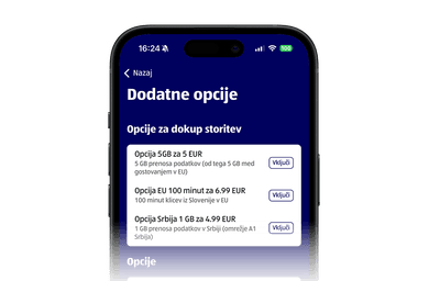 Zaslon aplikacije Moj HoT z naslovom "Dodatne opcije", ki prikazuje možnosti zakupa 5 GB podatkov, 100 minut v EU in 1 GB v Srbiji.