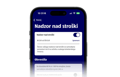 Zaslon aplikacije Moj HoT z naslovom "Nadzor nad stroški", ki vključuje drsnik za vklop funkcije in nastavitev limita porabe v evrih.
