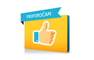 Rumena 3D ikona z dvignjenim palcem in modrim trakom z napisom "PRIPOROČAM", ki označuje visoko zadovoljstvo uporabnikov.