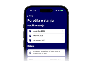 Zaslon aplikacije Moj HoT z naslovom "Poročila o stanju", ki prikazuje arhiv mesečnih poročil in računov za september, oktober in november 2025.