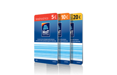 Prikaz treh HoT vrednostnic za predplačniško polnitev računa v vrednostih 5 €, 10 € in 20 € na svetli podlagi.