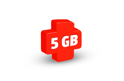 Rdeča 3D ikona križa z napisom "5 GB" za mobilni prenos podatkov.