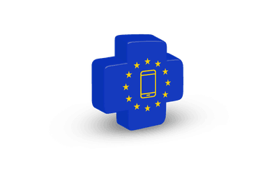 Modra 3D ikona plusa z zvezdicami EU in simbolom telefona, ki označuje uporabo mobilnih storitev v tujini po pravilih EU gostovanja.