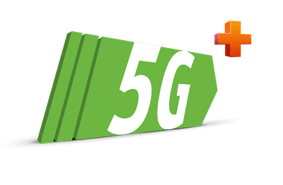 Zelena 3D puščica z napisom "5G+" in simbolom plus, ki označuje nadgradnjo omrežja in še hitrejši mobilni prenos podatkov.