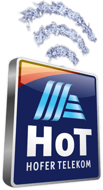 Logotip HoT Hofer Telekom na modri podlagi s stiliziranimi signali nad njim, ki ponazarjajo brezžično povezljivost.
