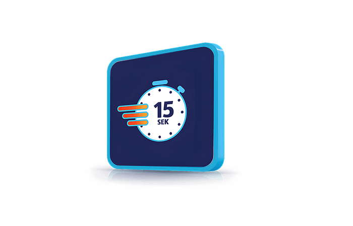 Modra kvadratna ikona s simbolom štoparice, ki prikazuje čas 15 sekund, s črtami, ki ponazarjajo hitrost.