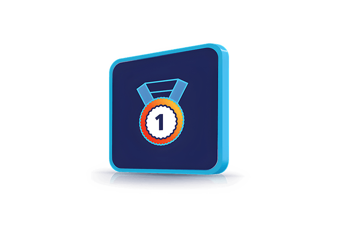 Modra kvadratna ikona s simbolom zlate medalje s številko 1 na sredini, ki ponazarja prvo mesto ali vrhunsko kakovost.