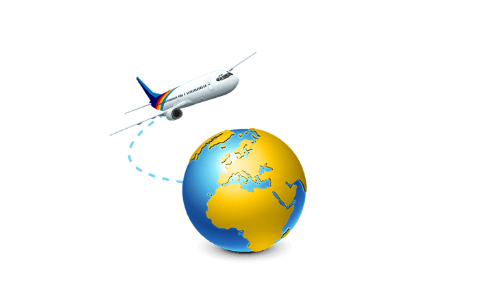 Ilustracija letala, ki leti okoli globusa, kar ponazarja globalno povezljivost in brezskrbno komunikacijo na potovanjih.