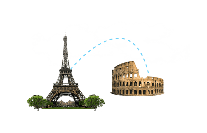 Grafični prikaz povezave med Eifflovim stolpom v Parizu in Kolosejem v Rimu, kar simbolizira potovanja po Evropi.