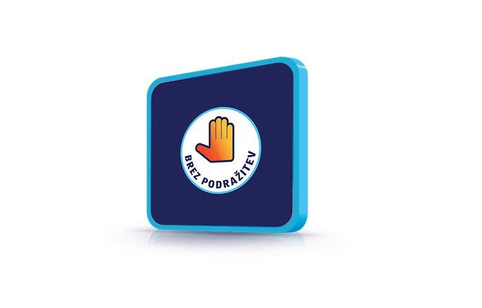 Modra 3D ikona z oranžno dlanjo in napisom "BREZ PODRAŽITEV", ki poudarja zavezo operaterja k stabilnim in poštenim cenam.