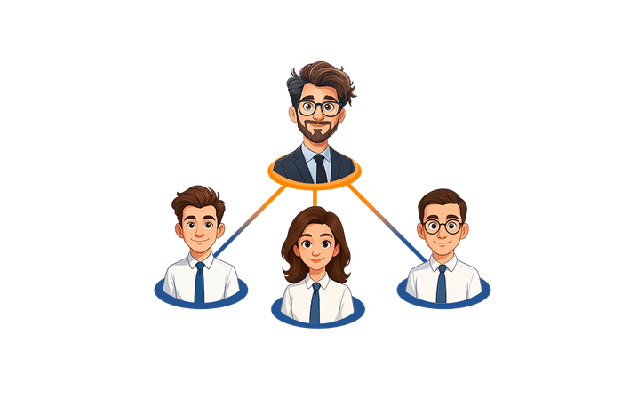 Grafični prikaz ekipe štirih strokovnjakov v poslovnih oblačilih, ki simbolizira strokovno pomoč in podporo uporabnikom.