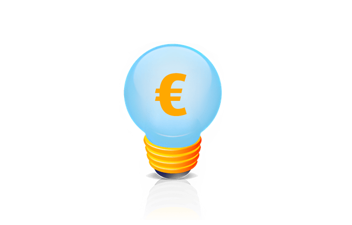 3D ikona svetleče modre žarnice z oranžnim simbolom za evro v sredini, ki ponazarja pametne rešitve za prihranek denarja.