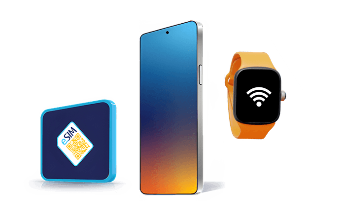 Prikaz eSIM kartice s QR kodo, pametnega telefona in pametne ure z Wi-Fi simbolom, kar ponazarja digitalno povezanost naprav.