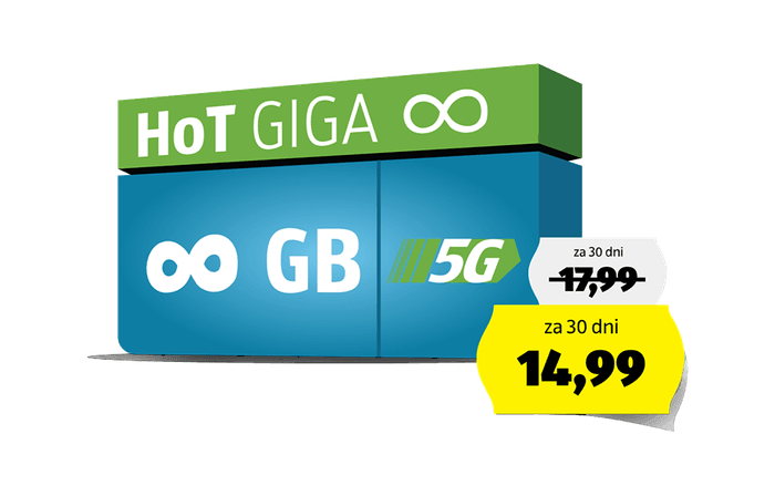  Grafični prikaz paketa HoT GIGA z neomejenimi GB in 5G omrežjem ter znižano ceno 14,99 € za 30 dni.