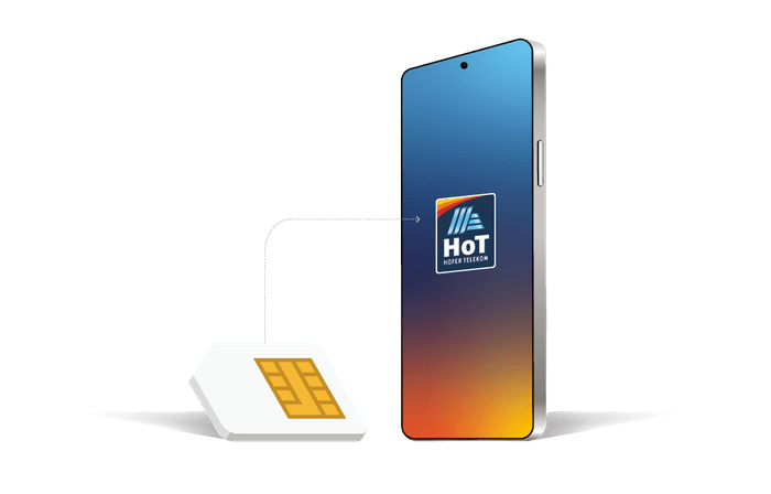  A white SIM card next to a modern smartphone displaying the HoT Hofer Telekom logo on a colorful gradient screen. Over a clean white background.