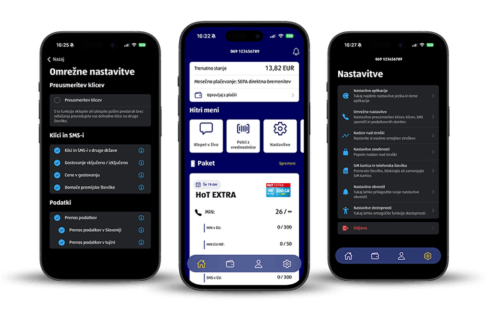 Trije zasloni aplikacije Moj HoT na telefonih, ki prikazujejo omrežne nastavitve, stanje računa s paketom HoT EXTRA in splošne nastavitve.