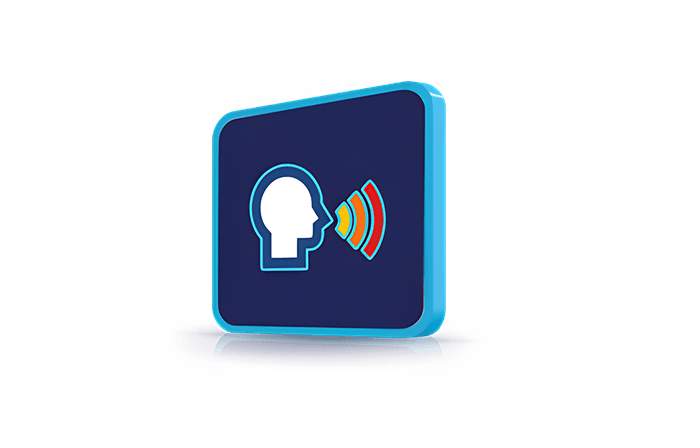 Modra 3D ikona s profilom glave in barvitimi zvočnimi valovi, ki ponazarja glasovno komunikacijo, ukaze ali digitalno pomoč.