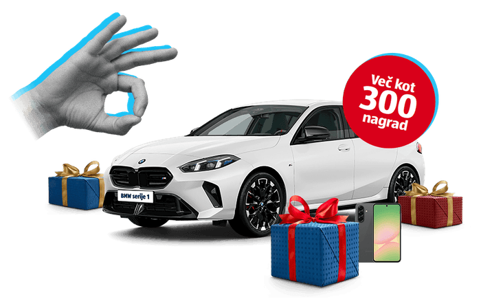 Beli BMW serije 1 obdan z darili, pametnim telefonom in rdečim napisom "Več kot 300 nagrad" ter simbolom "O.K." z roko.