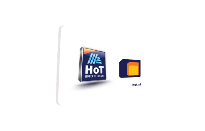  A white HoT Hofer Telekom SIM card starter kit featuring the brand logo, a SIM card icon, and the website address hot.at on a plain background.