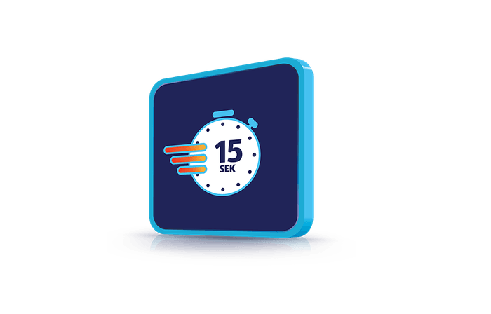 Modra 3D ikona s štoparico, ki prikazuje čas 15 sekund, kar simbolizira izjemno hitro odzivnost, hitrost storitev ali ekspresno aktivacijo.