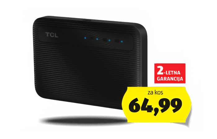 Črn prenosni modem TCL z rumeno ceno 64,99 za kos in rdečo oznako za 2-letno garancijo.