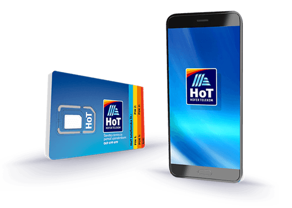 Grafika prikazuje modro HoT SIM kartico in pametni telefon z logotipom HoT na zaslonu. Dizajn je sodoben, s poudarkom na mobilni telefoniji in digitalni povezljivosti.
