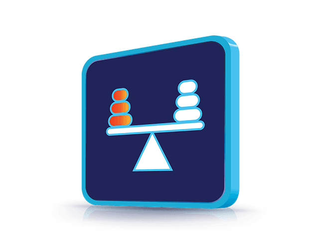 Modra 3D ikona tehtnice z utežmi ponazarja optimalno ravnovesje med kakovostjo storitev in ugodno, pošteno ceno.