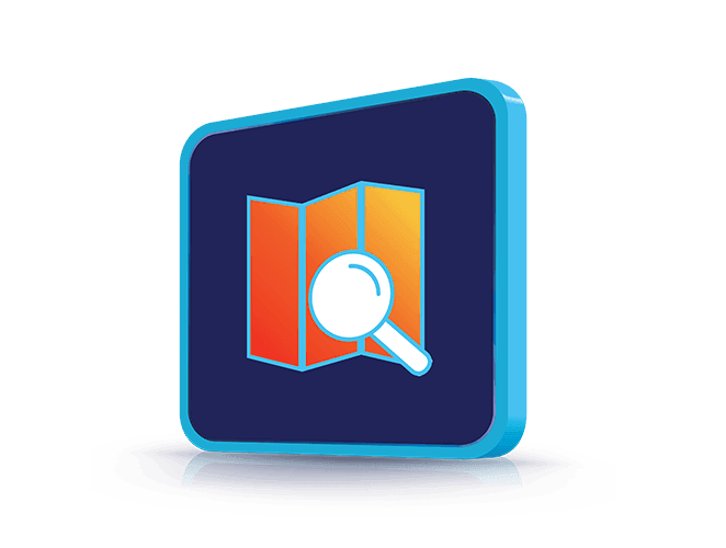 Modra 3D ikona s povečevalnim steklom nad zemljevidom simbolizira raziskovanje ponudbe, iskanje lokacij ali preverjanje pokritosti.