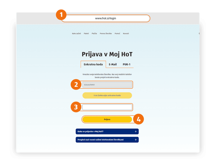 This image shows a login interface for a mobile service provider's customer portal, specifically "Prijava v Moj HoT."