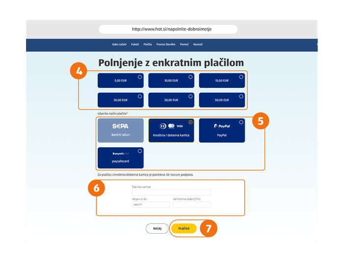 Screenshot of a website for topping up a mobile account with sections for selecting amount, payment method, and entering card details.