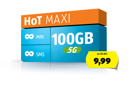 Paket HoT Maxi: neomejeno število minut, neomejeno število SMS-ov in 60 GB LTE prenosa podatkov za samo 9,99 € / 30 dni z DDV. Tudi za poslovne uporabnike.