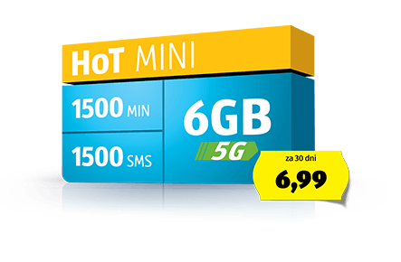Paket HoT Mini: 1500 min, 1500 SMS in 5 GB LTE prenosa podatkov za samo 6,99 € / 30 dni z DDV. Tudi za poslovne uporabnike.